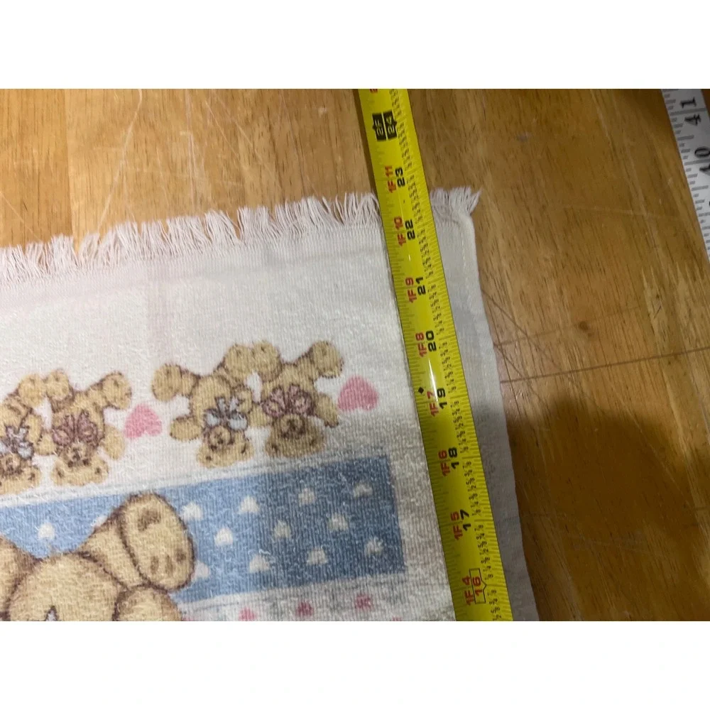 Vtg Cannon Teddy Bear Hand Towels Set of 3 Blue Pink Hearts Fringe Made in USA